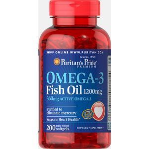 Omega-3 žuvų taukai, Puritan's Pride, 1200 mg, 360 mg aktyviosios medžiagos, 200 kapsulių