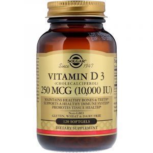 Витамин Д3 (холекальциферол), Vitamin D3, Solgar, 250 мкг (10000 МЕ), 120 гелевых капсул