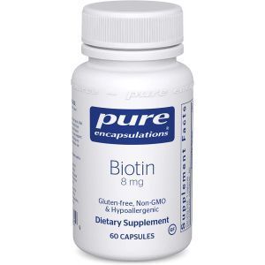 Биотин, Biotin, Pure Encapsulations, для снятия стресса, укрепления волос, кожи и ногтей, метаболизма, поддержки глюкозы и нервной системы, 8 мг, 60 капсул