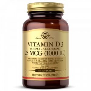 Vitaminas D3 (cholekalciferolis), vitaminas D3, Solgar, 25 mcg (1000 TV), 100 kapsulių
