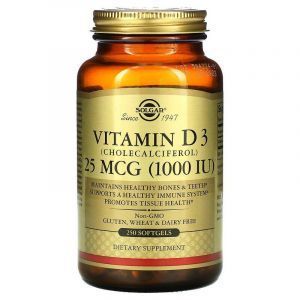 Vitaminas D3 (cholekalciferolis), vitaminas D3, Solgar, 25 mcg (1000 TV), 250 kapsulių