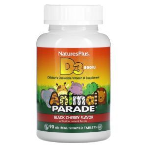 Витамин Д-3, Vitamin D 3, Nature's Plus, Animal Parade, вкус черной вишни, 500 МЕ, 90 жевательных конфет