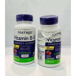 Vitaminas B12, braškių skonis, vitaminas B-12, natrolis, 5000 mcg, 100 tablečių